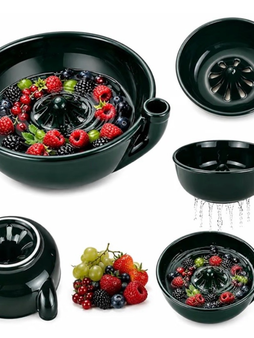 NEW Self Spinning Ceramic Berry Bowl, 7 Inch, Green Drain Holes, Berry Washing